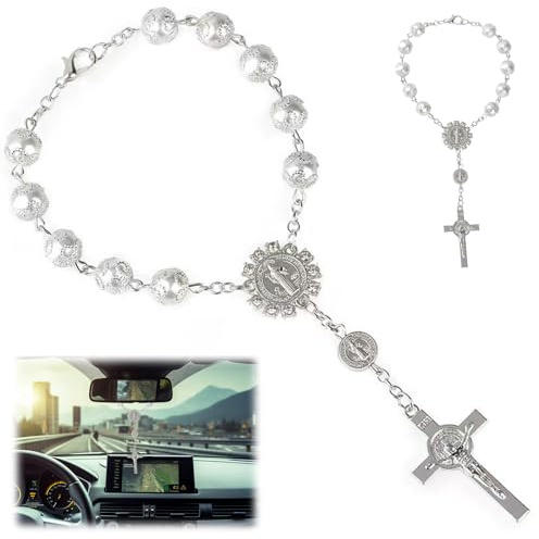 YCHYAN Rosenkranz Auto für Rückspiegel, Glücksbringer Auto Rückspiegel, mit Einem Kreuz, Gebetskette, Keine Beeinträchtigung der Sicht Beim Fahren, Freunde und Familie (Silber)