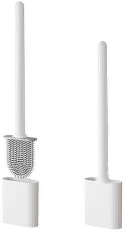 Silicone Toilet Brush with Quick Drying Holder - Flat Silicone Toilet Brush, Flexible Deep Clean Head, Anti-Drip Base and Flooring/Wall Mounted Options, No-Slip Long Handle Bathroom Cleaning Tool.