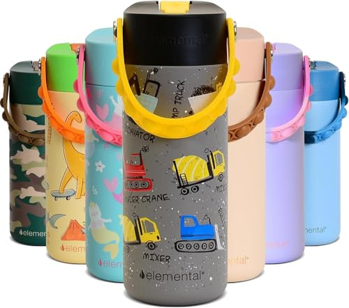 Elemental Insulated Kids Water Bottle, Stainless Steel Water Bottle with Straw Lid & Pop-It Handle, Leak-Proof Water Bottles for School, Boys or Girls, Travelling and Sports, 530ml - Construction