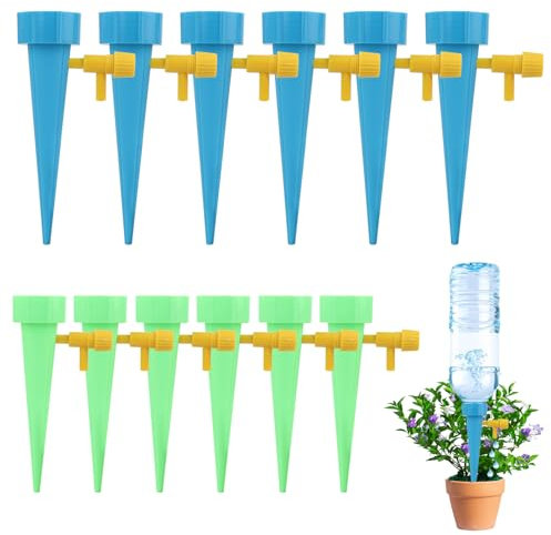 FLOWERUN 12 Stück Bewässerungssystem für Pflanzen, Automatische Bewässerung mit Einstellbarem Ventil, Tropfbewässerung für Blumentöpfe, Balkon, Garten, Kompatibel mit Plastikflaschen (Farbmix)