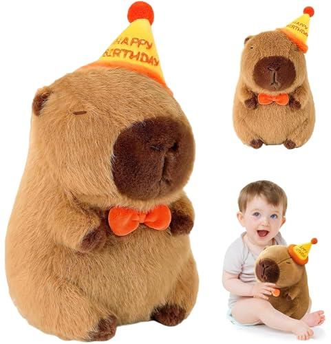 ZoneYan Capybara Peluche Bambole, 23 cm Capibara Peluche Realistico con Cappello di Compleanno, Simpatico Peluche Animale Capibara, Simulazione Capibara Giocattolo Peluche per Bambini e Adulti