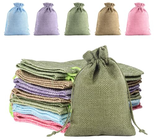20 Stück Jutesäckchen mit Kordelzug, Bunte Klein Geschenkbeutel, 10 x 14 cm Wiederverwendbare Stoffbeutel, Säcke für Adventskalender Schmuck Geschenk (5 Farben)