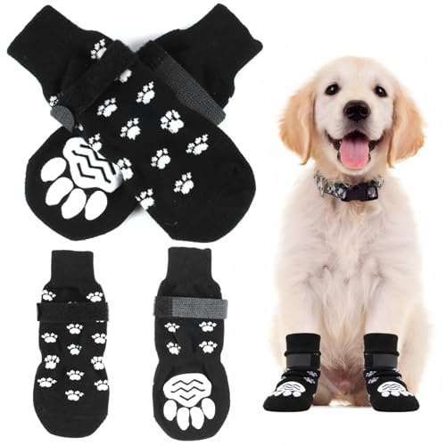 2 pares de calcetines antideslizantes para perros blancos por ambos lados con goma elástica ajustable, protección para patas lesionadas, zapatos transpirables para interiores y exteriores para todas