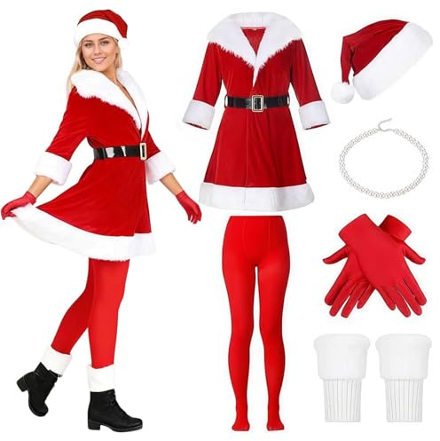 Bkazwe Déguisement Noël Femme Costume De Père Noël Élégant pour Fête De Fin D'Année Tenue Complète Adulte Déguisement Femme Cape Hiver Chaud Adulte Tenue Miss Santa pour Femme - Cosplay