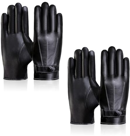 Plkjiu Black Leather Gloves Men, 2PCS Winter Touchscreen Driving Gloves with Thermal Lining, Soft PU Leather Unisex for Men and Women