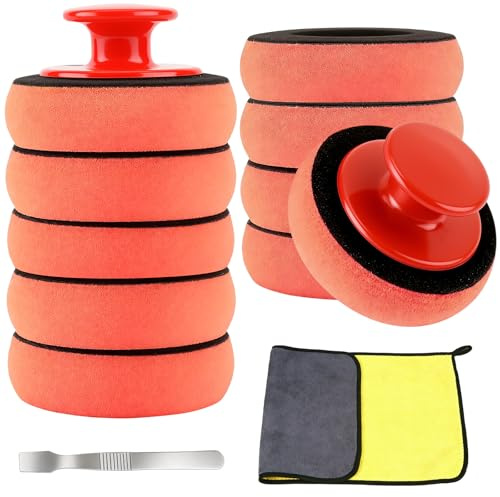 HavaCue 14 Pièces Éponge Polissage Voiture 90mm, Tampons de Polissage Kit avec 6 Éponge à Polir 2 Poignée Ergonomique 1 Padpolissage Microfibre 1 Racloir, pour Auto Polissagen, Poussière et Nettoyer
