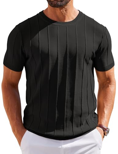 COOFANDY Camisetas Hombre Manga Corta Camiseta de Punto Rayas Jersey Verano Tshirt de Cuello Redondo Camiseta Basica