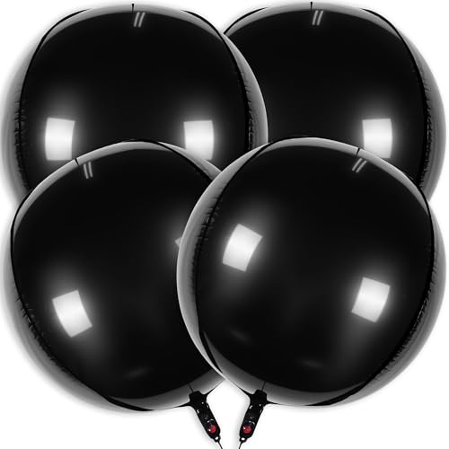 Jumbo 32 Inch 4D Sphere Foil Balloons, 4 Pack Giant Metallic Black Round Mirror Balloons, Extra Large Mylar Orb Balloons for Disco Party, Wedding, Graduation, Grand Opening Decor