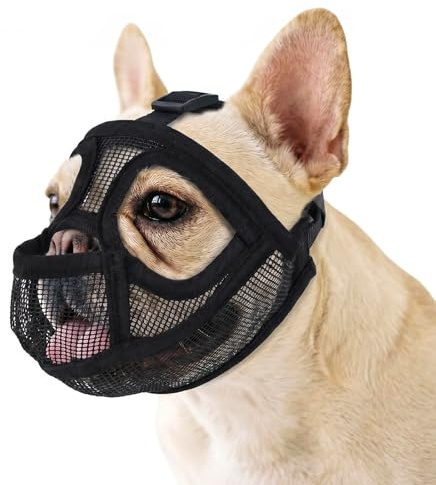 French Bulldog Muzzle – Short Snout Dog Muzzle Allows Natural Panting & Tongue Out | Breathable Soft Mesh Design Helps Prevent Overheating | for Grooming Vet Walking (Black S)