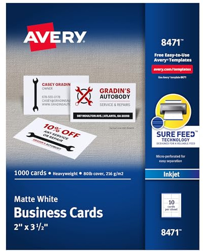 Avery Printable Business Cards with Sure Feed Technology, 2 x 3.5, White, 1,000 Blank Business Cards, Inkjet Printer Paper (8471)