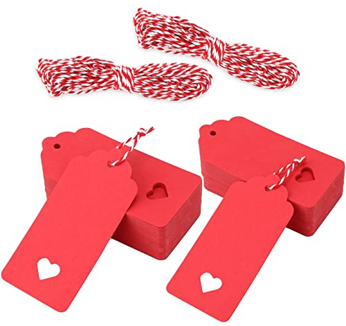 jijAcraft Etichette Carta Kraft Tag Regalo Cartoncino 9 * 4cm, 100pz con Corda Rosso e Bianco, per Bomboniere San Valentino Artigianato (Rosso)