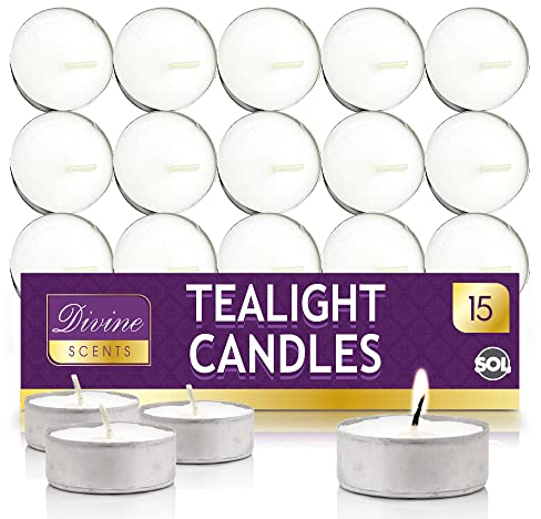 SOL 15pk Unscented Tealight Candles - 3.5 Hour Burn Time - Long-Lasting and Ideal for Home, Relaxation, Romantic Dinners, Weddings, Festive Decor, Cosy Evenings