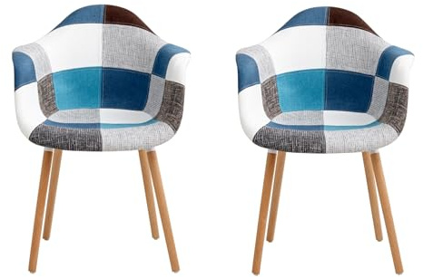 GrandCA HOME 2er-Set Sessel mit Patchwork-Stoffkissen Esszimmerstühle Holzbeine für Küche, Wohnzimmer,Blau A5