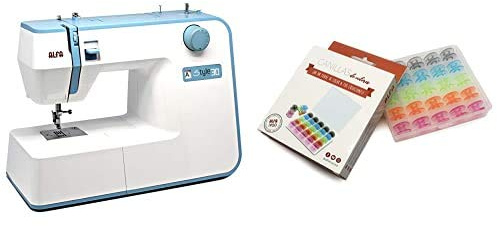 Alfa Hogar Maquina De Coser Style 30 Zig-Zag,Domestica, Azul + 6050-Caja 25 canillas Colores, Multicolor