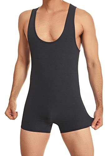 YUFEIDA Men's Sports Undershirts Leotard Slim Fit Bodysuit One Piece Active Shirt Sheer Soft Wrestling Singlet Bodywear Black