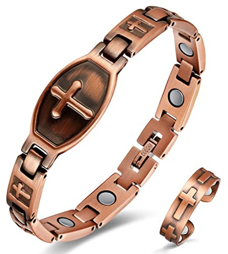 EnerCoppeX Combinazione magnetica in puro rame al 99,99% (bracciale e anello) che rappresenta la buona benedizione di Gesù Cristo, croce cristiana, sacchetto regalo (C), 8.5 inch, Rame