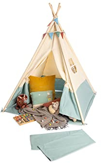 Pinolino Zelt Tipi Yuma, aus Stoff und Holz, mit Fenster, Bodenmatte und Aufbewahrungsbeutel, für Kinder ab 3 J, Stoff mit Pastell Tönen und Wimpel, Beige Grün