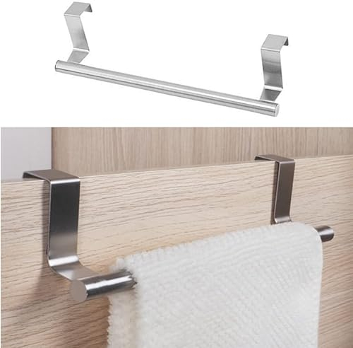 Over The Door Towel Rail - Stainless Steel No Drilling Holder With Anti Slip Design for Kitchen and Bathroom - 23.5cm