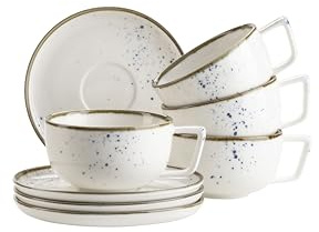 MÄSER Serie Pintar, hochwertiges Kaffetassen-Set für 4 Personen, 8-teiliges Service mit heller Glasur, visuellen blauen Sprenkeln und feinem Rand im Vintage Handmade Look, Porzellan