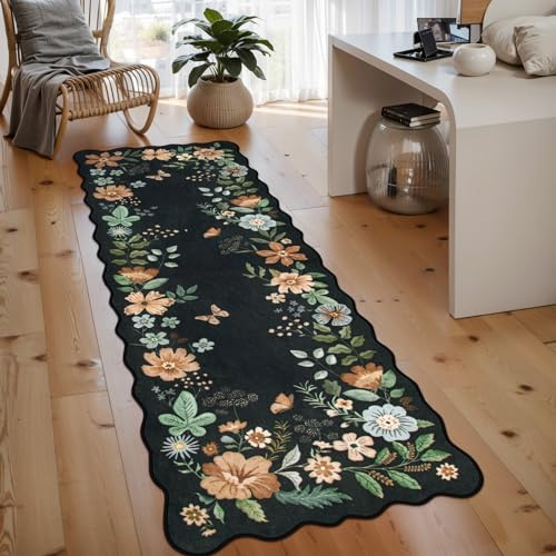 Lahome Floral Kitchen Runner, 2X6 Washable Runner Rug Non Slip Ultra-Thin, Soft Hallway Rug Stain Resistant Boho Small Low-Pile Carpet for ‎Laundry Bathroom Bedroom Flore (2x6ft,Black/Grey)