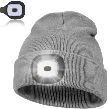 Pomarks LED-mössa, present till män kvinnor, unisex vintervarm mössa handsfree mössa lysande mössa för löpning, camping, vandring, nattaktiviteter (grå)