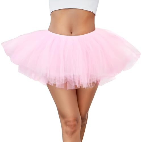 Womens 5 Layers Tutu Fluffy Dance Ballet Bubble Skirt Puffy Elastic Tulle Short Skirts Halloween Christmas Costume Pink