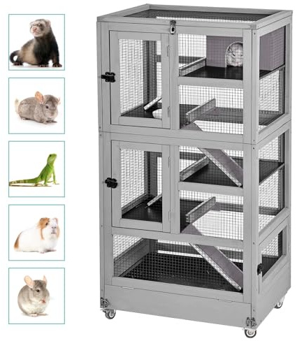 Akinerri 5-Level Wooden Ferret Cage with Wheels - Metal Frame for Guinea Pig, Chinchilla, Rat Indoor Outdoor