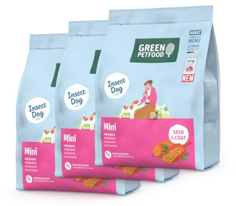Green Petfood InsectDog Mini med insekter (3 x 3 kg) | Adult Mini | Premium torrfoder för vuxna små hundar | sötpotatis och ärtor | kornfri | extra små kroketter | 3-pack