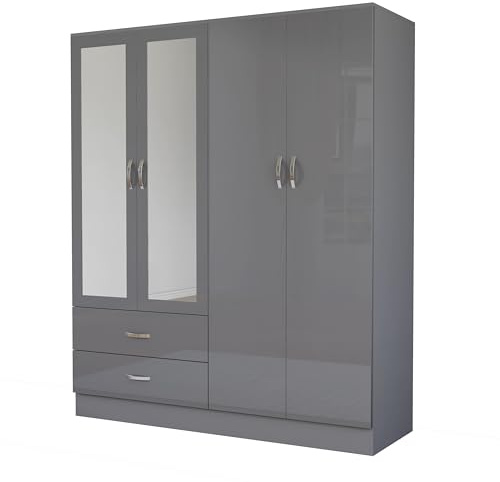 Nera Gloss Grey 4 Door Wardrobe with Drawer and Mirror 180cm for Bedrooms