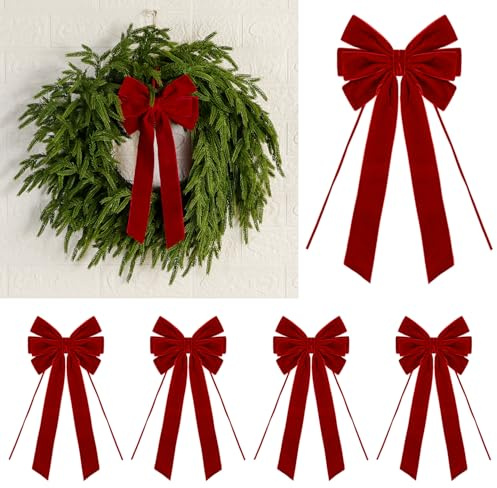 4 Pcs Luxury Christmas Red Velvet Bows - 15 x 6.5 Inch Vintage Tree Topper Bow for Gift Wrapping Xmas Tree Wreath Garland Wall Cabinet Fireplace Staircase Wedding Home Decoration