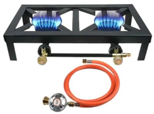 Portable Double Burner Gas Stove Propane Cooker with Adjustable High Pressure Regulator Hose Stable Legs for Outdoor Patio Camping BBQ(Euro)