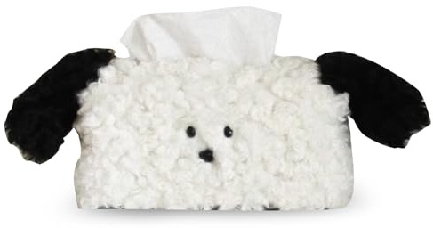 Plush Dog Tissue Box Cover 8x6x4 – Cute Fluffy Napkin Holder for Living Room, Coffee Table, Car, and Desktop Decoration (Black)