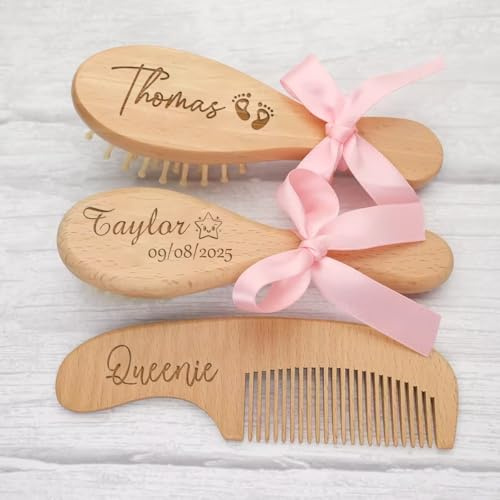 Personalisiertes Baby-Haarbürsten- Und Kamm-Set Für Jungen Und Mädchen, Neugeborene, Individuelles Holz-Haarbürsten-Set Für Kleinkinder Mit Weichen Ziegenborsten, Kamm Gegen Milchschorf