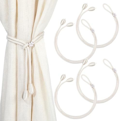 Tyqour 4 Pcs Beige Curtain Tie Backs, Tassel Tie Backs No Drilling, Boho Curtain Tiebacks Rope, Hand-Knitted Curtain Holders for Living Room Bedroom Outdoor Yard Garden Drapery