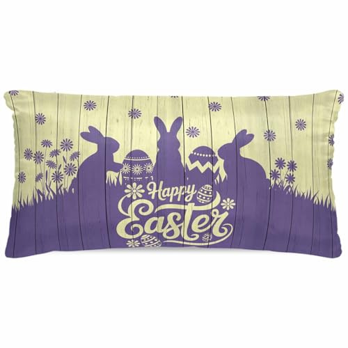 Happy Easter Rabbits Satin Pillowcase for Hair and Skin with Zipper, Soft Breathable Cooling Silk Pillow Cases, Spring Daisy Purple Silhouette Wooden Grain Throw Pillow Covers King Size 20x40