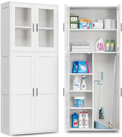 Dripex Besenschrank Mehrzweckschrank 168x30x70cm Haushaltsschrank Putzschrank mit Sichtfenster aus Acryl aus Holz mit Verstellbarer Einlegeboden für Küche Wohnzimmer Esszimmer, Weiß