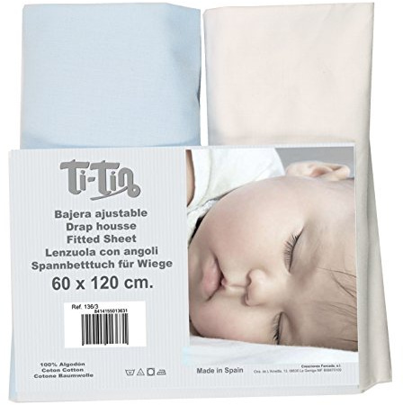 Pack de 2 sábanas bajeras 100% algodón Ajustables – 60x120 cm – para capazo, colchón, moisés o minicuna – Color Blanco y Celeste – Transpirables y fáciles de Lavar