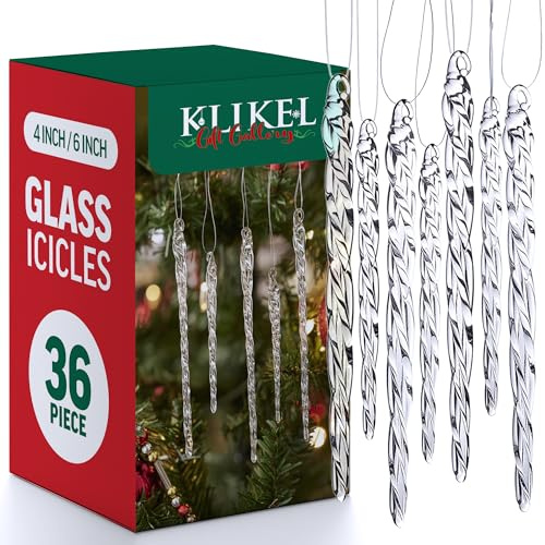 Klikel Glass Icicle Ornaments - Winter Decorations for Christmas Tree - Total 36 Hanging Ornaments - 18 4 and 18 6