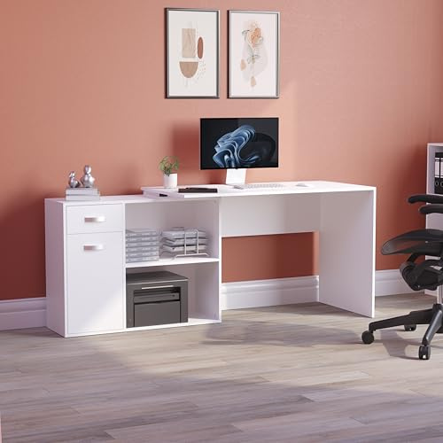 Vida Designs Longton Adjustable, L-Shaped Computer Desk with Shelves, Drawer and Door, Home Office PC/Laptop Table, Gaming Study Workstation, Furniture, White
