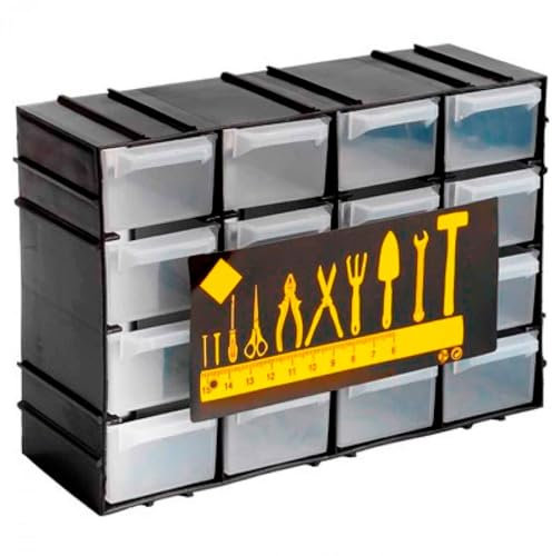 Tradineur - Clasificador apilable modular HG - Fabricado en Plástico - 16 Compartimentos - Almacenamiento de herramientas,tornillos y accesorios - 15 x 22 x 8 cm - Color Negro