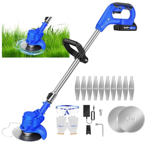 Cordless Grass Trimmer, Garden Strimmer/Edger with Battery & Charger, Electric Weed Cutter, Adjustable Head, Telescopic Shaft, Metal Blades, for Trimming Weeds Flower Trees