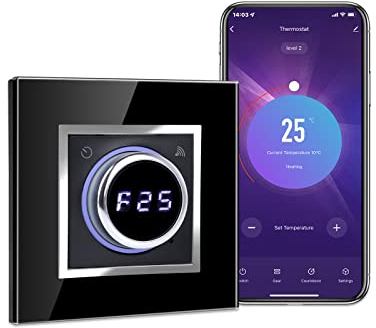 CNBINGO Smart Thermostat Heizung Digital, WLAN Heizkörperthermostat kompatibel mit Alexa, Google Assistant, Temperaturregler per App, Raumthermostat, Fußbodenheizung mit Schwarz Glas, Quadrat