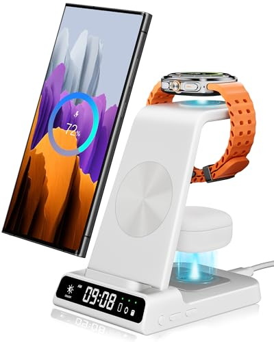 Induktive Ladestation für Samsung S26 Ultra/S26+/S26, 3 in 1 Kabelloses Ladestation für Galaxy S25/S24/S23/Z Flip 7, für Samsung Galaxy Watch 8/8 Classic/7/Ultra/6/5, Galaxy Buds3/3 Pro, Ohne Adapter