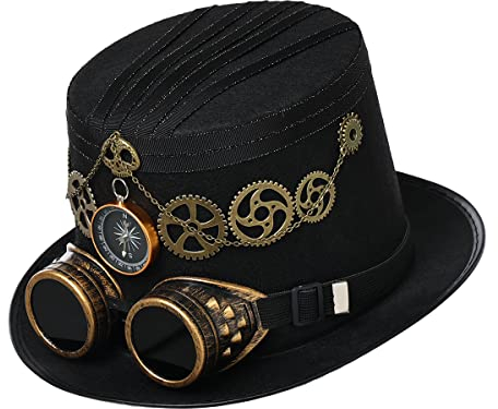 Unisex Piraten-Stil Steampunk Zylinder Hut mit Brille Steampunk Cosplay Karneval Halloween Kostüm Zubehör für Damen Herren (Schwarz, 58cm/22.83 inches)
