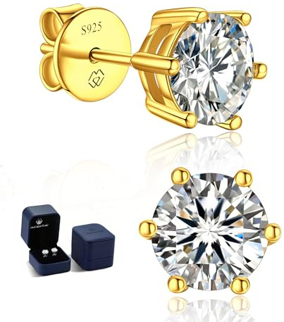 MomentWish Moissanite Ohrstecker Gold 585, 1 Karat/5 mm Goldene Ohrringe Damen mit Stein Hypoallergene Echt Silber Geschenk für Frauen Mama-6 Prong