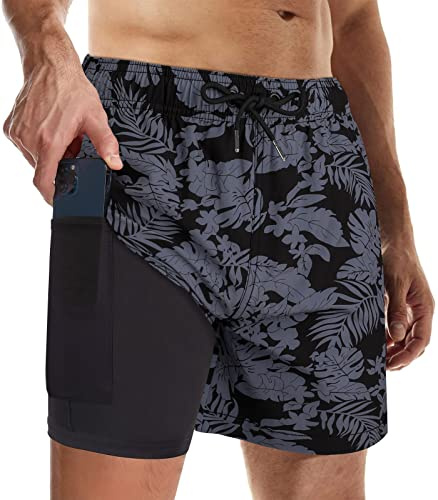 Suwangi Bañadores Hombre con Forro Compresión Pantalones Cortos de Natación