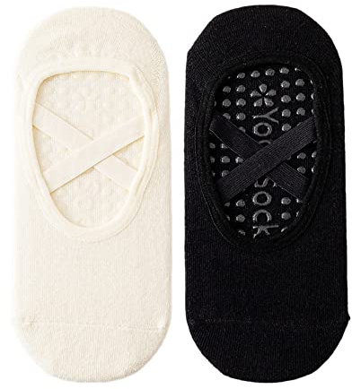 2 Paar Yoga Socken Damen Rutschfest Socke,Rutschfeste Sportsocken mit Kreuzriemen,Geeignet für Yoga,Tanz,Fitness,Kampfsport,Gymnastik,Ballett,Trampolin,Eine Grösse passt allen,Schwarz und weiß