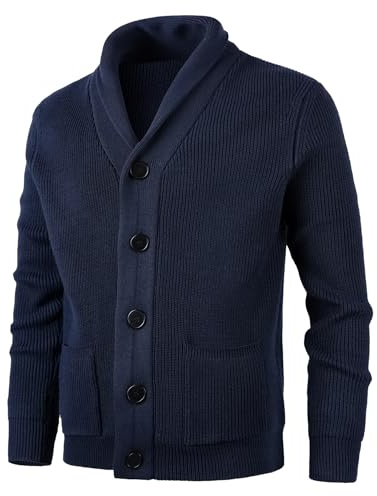 KTWOLEN Hombre Punto Grueso Chaqueta Punto Básico Suéter de Punto De Manga Larga Invierno Cálido Slim Fit JerséIs Cárdigan con Cuello Chal, Azul, XXL