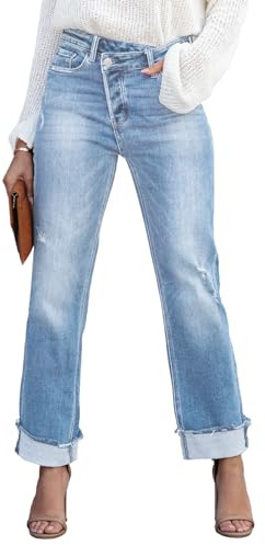 Metietila Jean pour Femme Taille Haute, Coupe croisée, Boyfriend, en Denim Extensible délavé, Bleu Azur, Taille L
