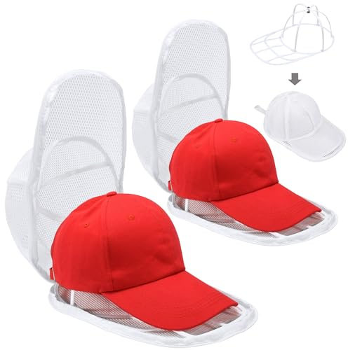 Lavar Gorras Lavadora de Béisbol, Plegable Soporte para Gorras y Funda de Malla con Cremallera para Evitar que las Gorras se Deformen, Bolsa Protectora Accesorios para Lavadoras, Blanco, 2 Pieza